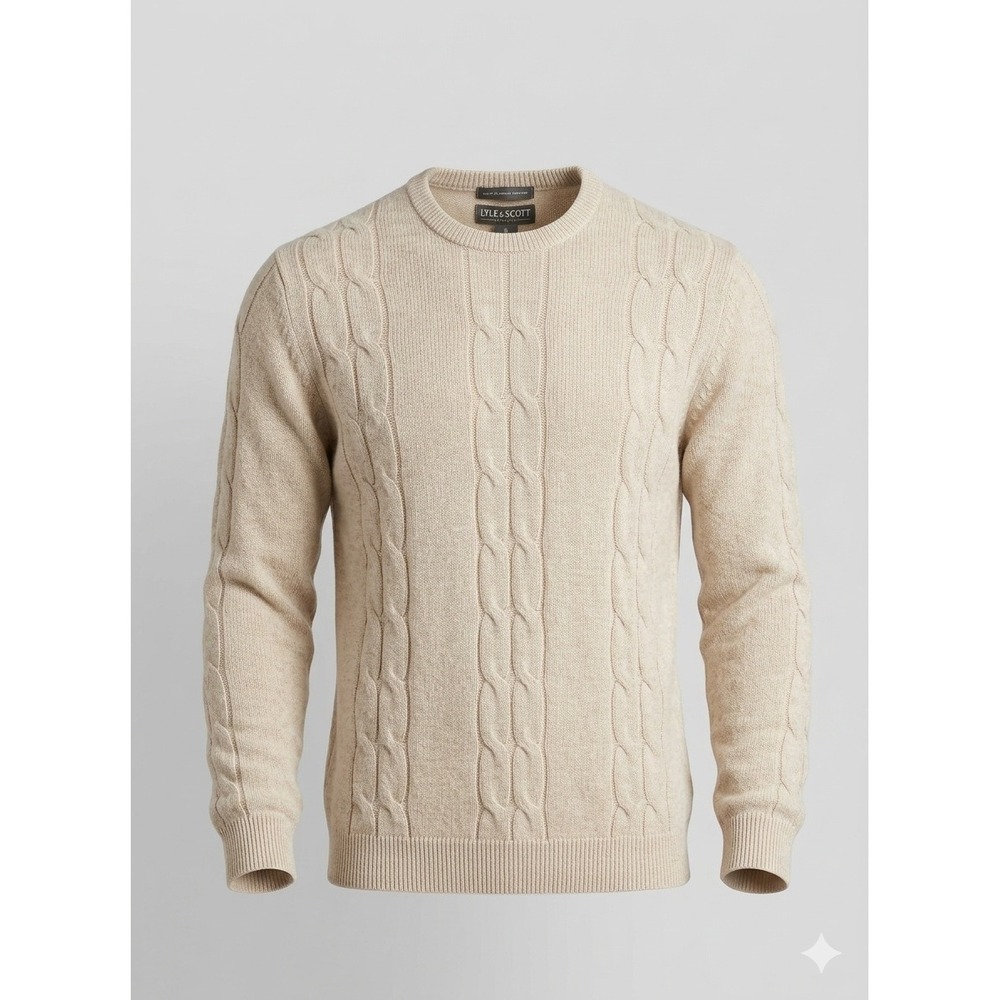 Lyle & Scott Mens L Tan Cable‎ Knit Fisherman Sweater 100% Cotton